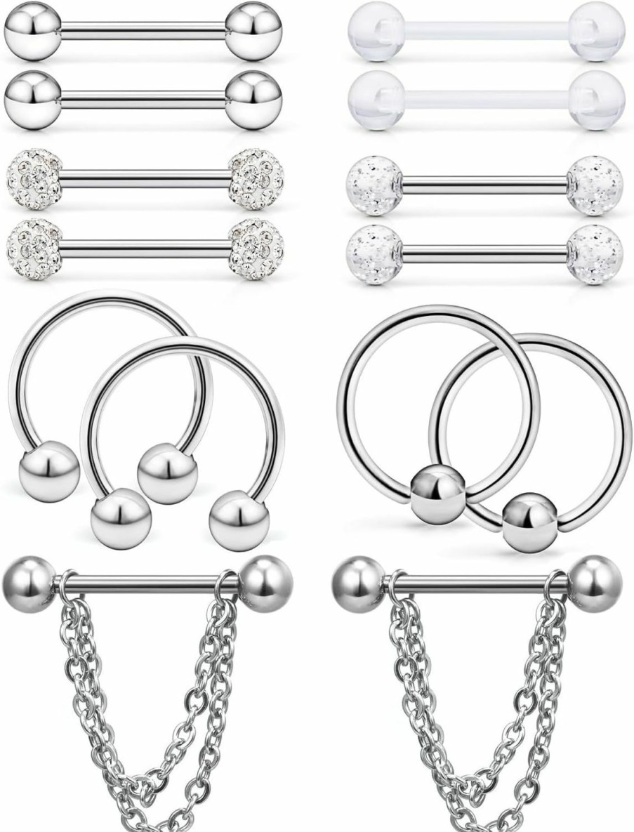 Hoeudjo Hoeudjo 14Pcs 14G Surgical Steel Chain Dangle Nipple Rings Barbell Piercing Jewelry Retainer For Women | Body Piercing Barbells