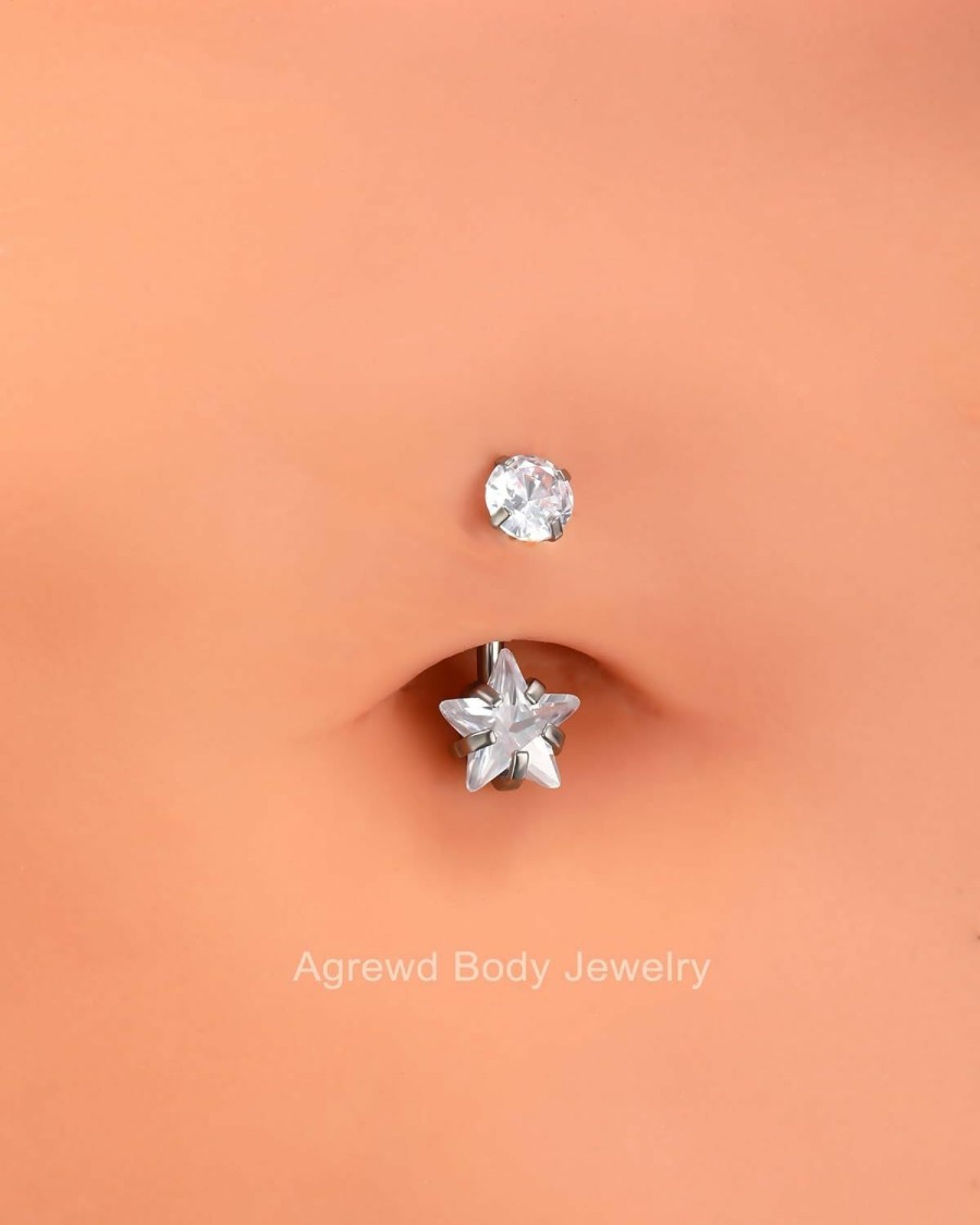 Agrewd Agrewd Minimalist Star G23 Solid Titanium Belly Button Rings 14G Internally Threaded Belly Navel Rings For Women Clear Cz Belly Piercing Jewelry | Body Piercing Barbells