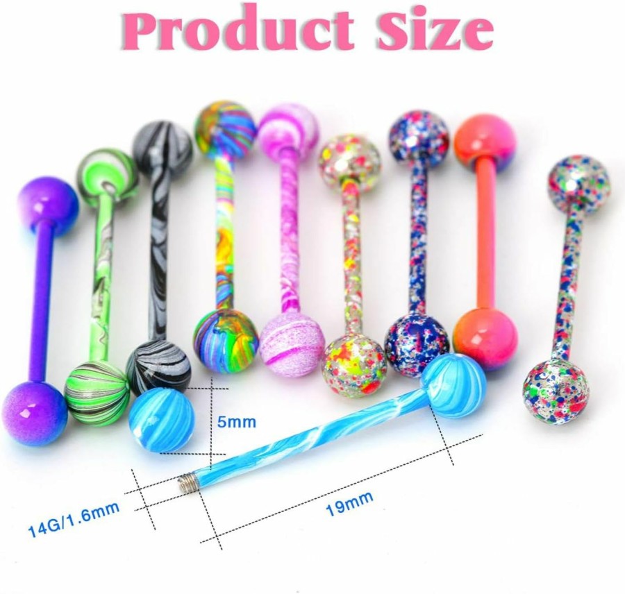 CrazyPiercing Crazypiercing 10 Pack 19Mm 14G Tongue Rings Colorful Nipple Ring Straight Barbells Surgical Steel Body Piercing Jewelry | Body Piercing Barbells