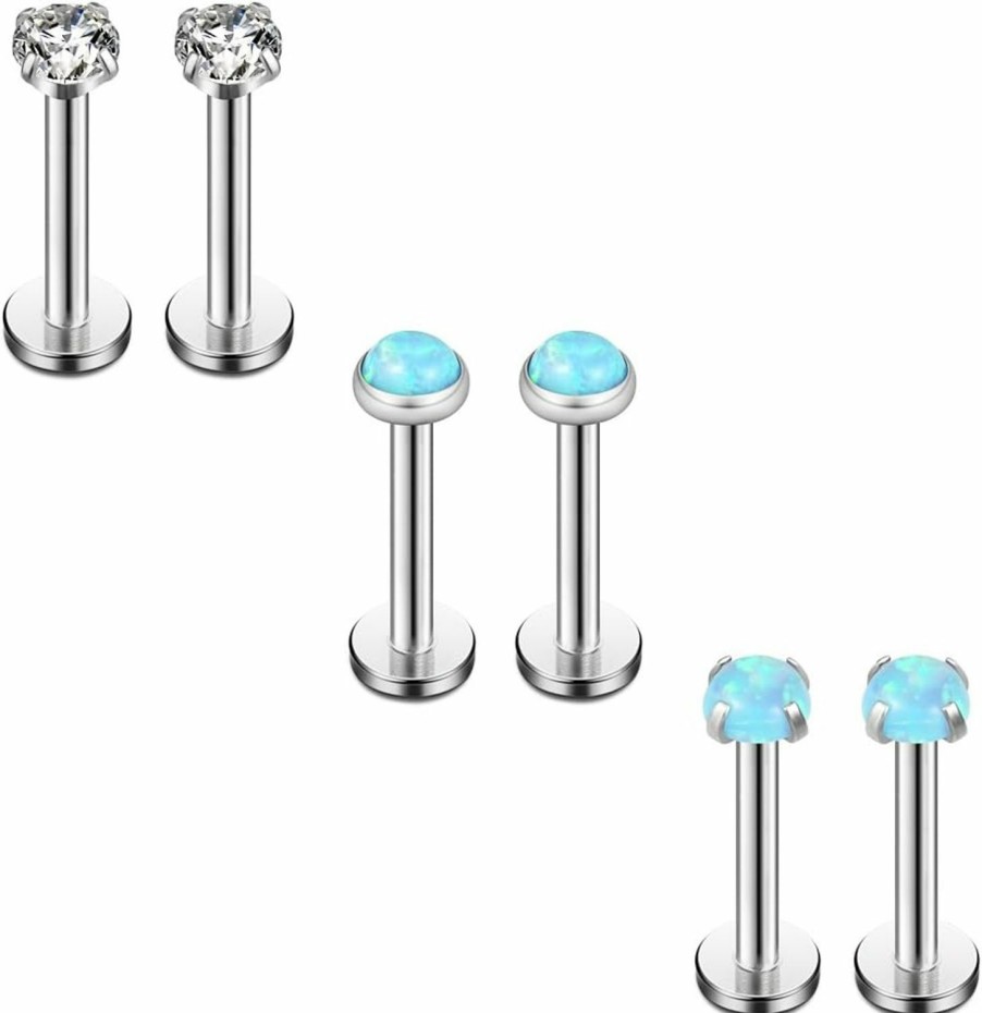 Ruifan Ruifan Opal & Clear Cz Internally Threaded Stainless Steel Labret Monroe Lip Ring Tragus Helix Earring Stud 16G 5/16\" 8Mm 6Pcs | Body Piercing Barbells