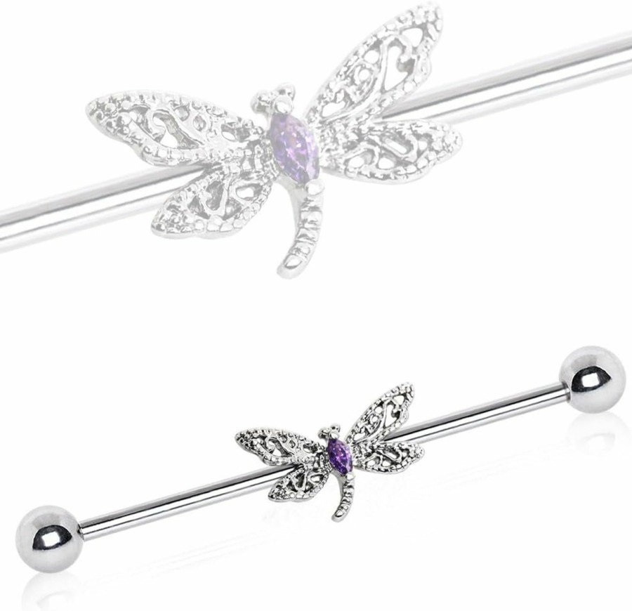 Amelia Fashion Amelia Fashion 14 Gauge Ornate Dragonfly Industrial Barbell Cartilage 316L Surgical Stainelss Steel | Body Piercing Barbells