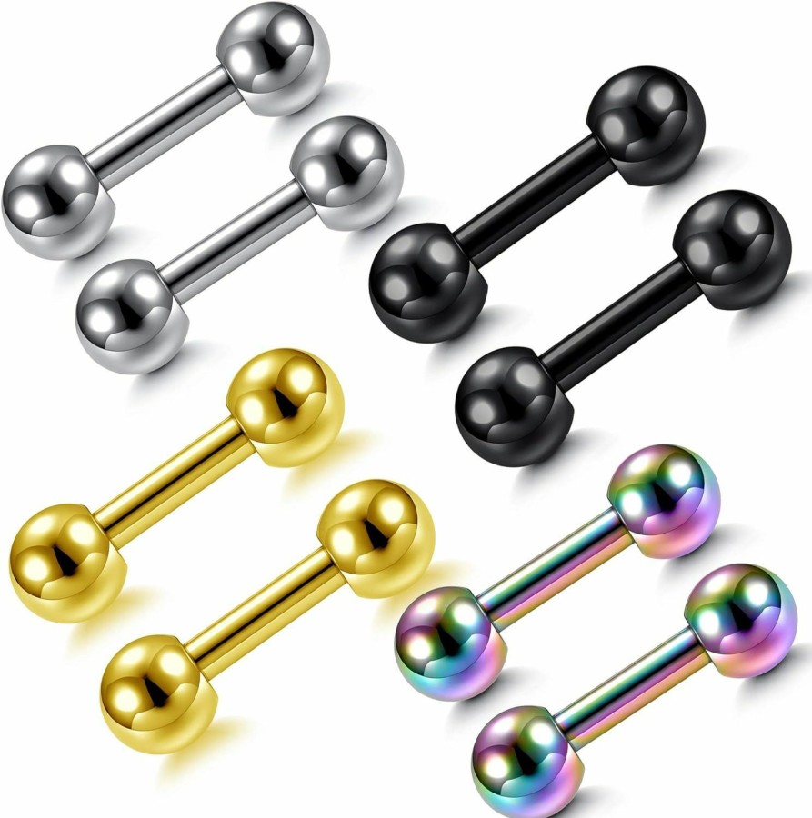 Zysta Zysta 4 Pairs Stainless Steel 14/16G Mixed Colors Body Piercing Barbells 6-16Mm Post Studs Earring Nippletongue Helix Tragus Cartilage Labret Medusa Lip Eyebrow Straight Bar Ball Screw … | Body Piercing Barbells