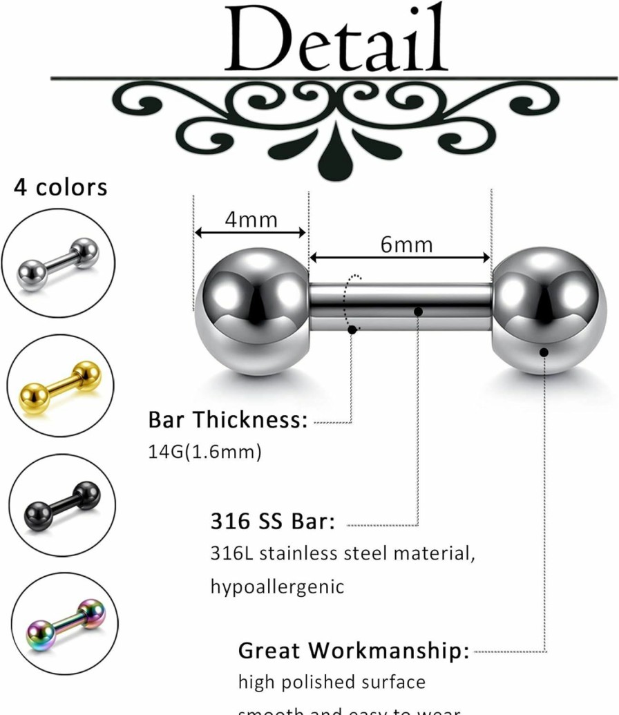 Zysta Zysta 4 Pairs Stainless Steel 14/16G Mixed Colors Body Piercing Barbells 6-16Mm Post Studs Earring Nippletongue Helix Tragus Cartilage Labret Medusa Lip Eyebrow Straight Bar Ball Screw … | Body Piercing Barbells