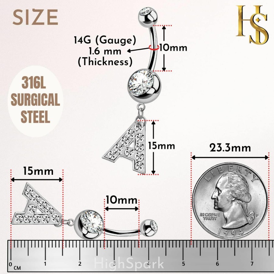 HighSpark Highspark Initial Belly Button Rings- 316L Surgical Steel- 14G(1.6Mm)- Aaa+ Cz Crystals- Silver A-Z Letter Belly Button Rings | Body Piercing Barbells