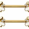 Pierced Owl Pierced Owl 14Ga Gold Plated 316L Stainless Steel Jeweled White Flower Nipple Barbells, Sold As A Pair | Body Piercing Barbells