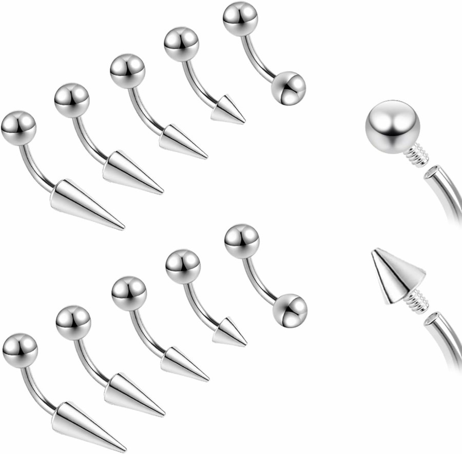 ZS Zs 10Pcs 16G/18G Spike Eyebrow Piercing Jewelry, Internal Thread Curved Barbell Vertical Labret Lip Rings, Spike Tragus Helix Earrings Rook Nose Bridge Rings | Body Piercing Barbells