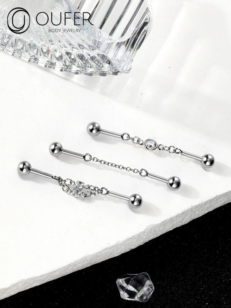 OUFER Oufer Chain Industrial Piercing Jewelry, 316L Surgical Steel Industrial Bar, Clear Cz Industrial Earrings, 14G Industrial Jewelry, Indusrtial Barbells For Women Men | Body Piercing Barbells