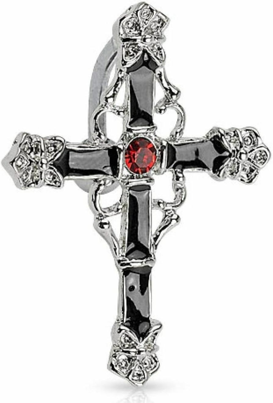 Pierced Owl 14G Black Enamel Colored Cross With Red Gem Center Rhodium Plated Top Drop Navel Belly Ring | Body Piercing Barbells