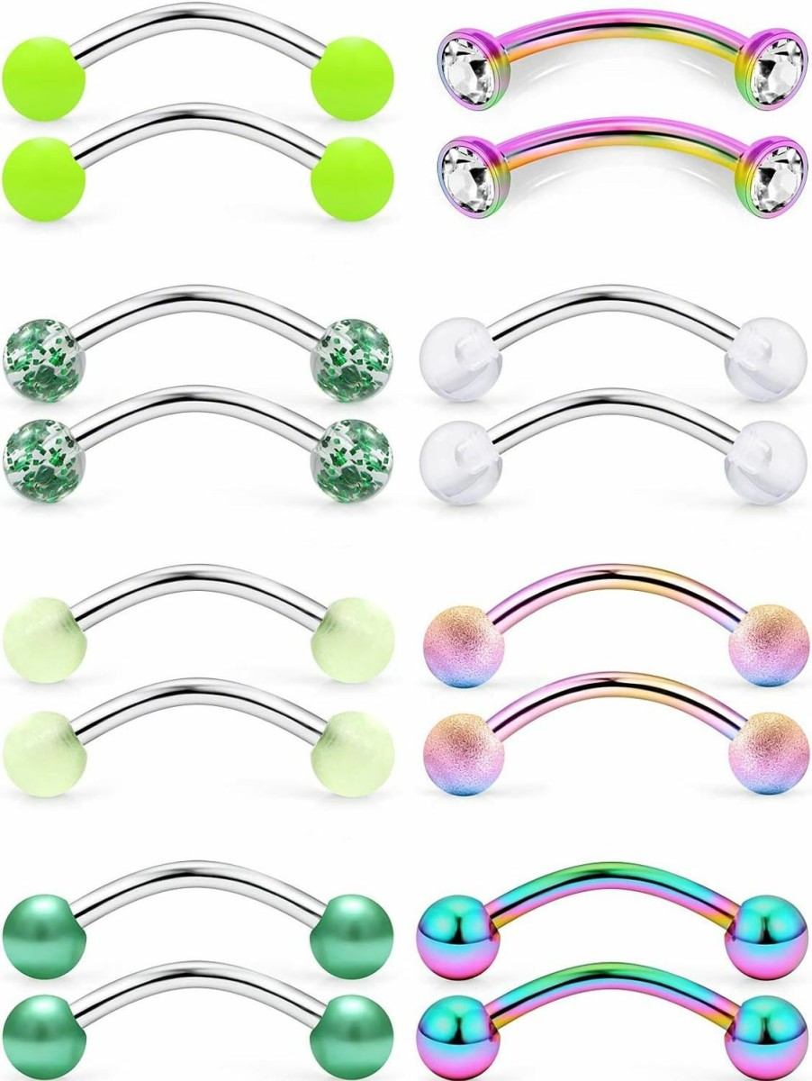 SCERRING Scerring Snake Eyes Tongue Rings 14G Stainless Steel Cz Curved Barbell Nipplerings Nipple Rings Piercing Jewelry Retainer 16Mm 5/8Inch 16Pcs | Body Piercing Barbells