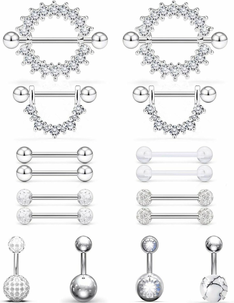 Hoeudjo Hoeudjo 16Pcs 14G Surgical Steel Nipple Rings Tongue Belly Button Rings Cz Barbell Body Piercing Jewelry Retainer For Women Men | Body Piercing Barbells