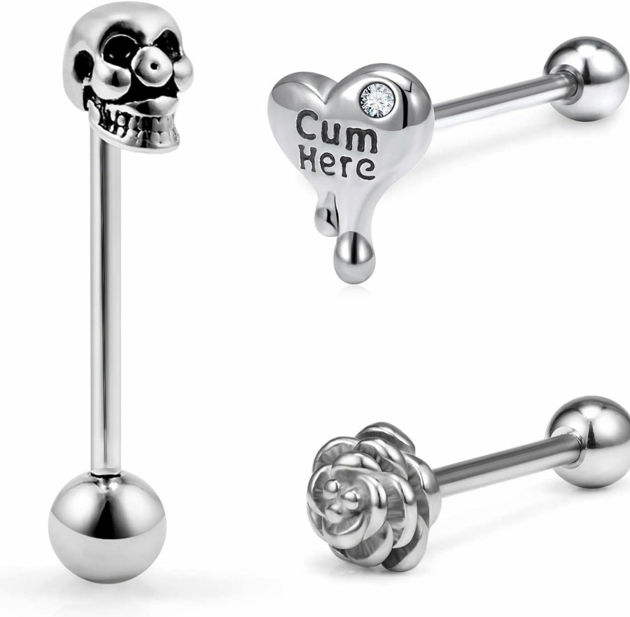 Vsnnsns Vsnnsns 14G Tongue Rings For Women Stainless Steel Heart Tongue Rings Skull Tongue Piercing Jewelry Flower Tongue Rings Surgical Steel Tongue Jewelry Barbell Body Piercing Jewelry 3Pcs | Body Piercing Barbells