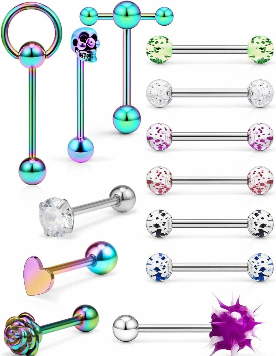 Hoeudjo Hoeudjo 13Pcs 14G Surgical Steel Tongue Rings Teaser Double Barbell With Slave Ring Body Piercing Jewelry For Women Men, Skull/Flower/Heart/Clear Cz/Glitter Ball Closure | Body Piercing Barbells