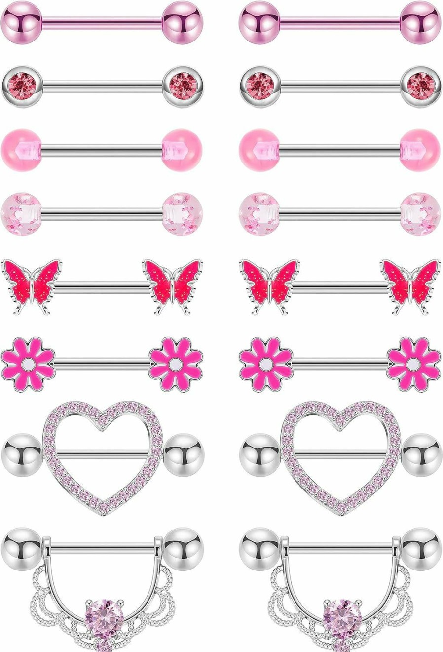 NICEIGHT Niceight 8 Pairs 14G Surgical Steel Nipple Rings For Women Girls Heart Butterfly Flower Nipple Rings Cz Barbell Nipple Piercing Jewelry | Body Piercing Barbells