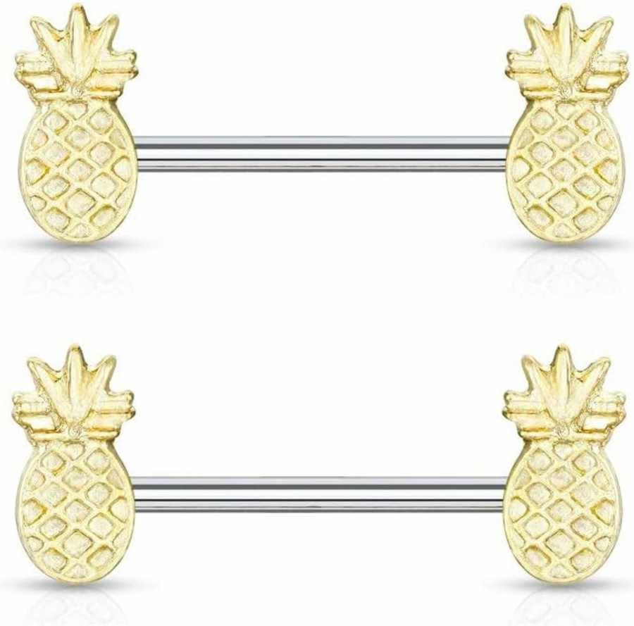 Pierced Owl Gold Plated Tropical Pineapple Nipple Barbells, Sold As A Pair | Body Piercing Barbells