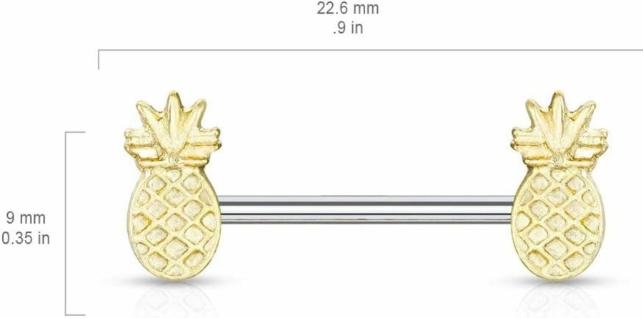 Pierced Owl Gold Plated Tropical Pineapple Nipple Barbells, Sold As A Pair | Body Piercing Barbells