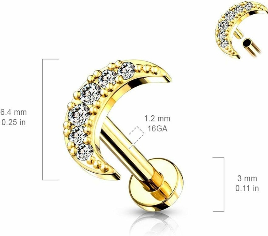 Pierced Owl Pierced Owl - 16Ga Stainless Steel Internally Threaded Crystal Paved Crescent Moon Top Flat Back Lip Cartilage Tragus Stud | Body Piercing Barbells