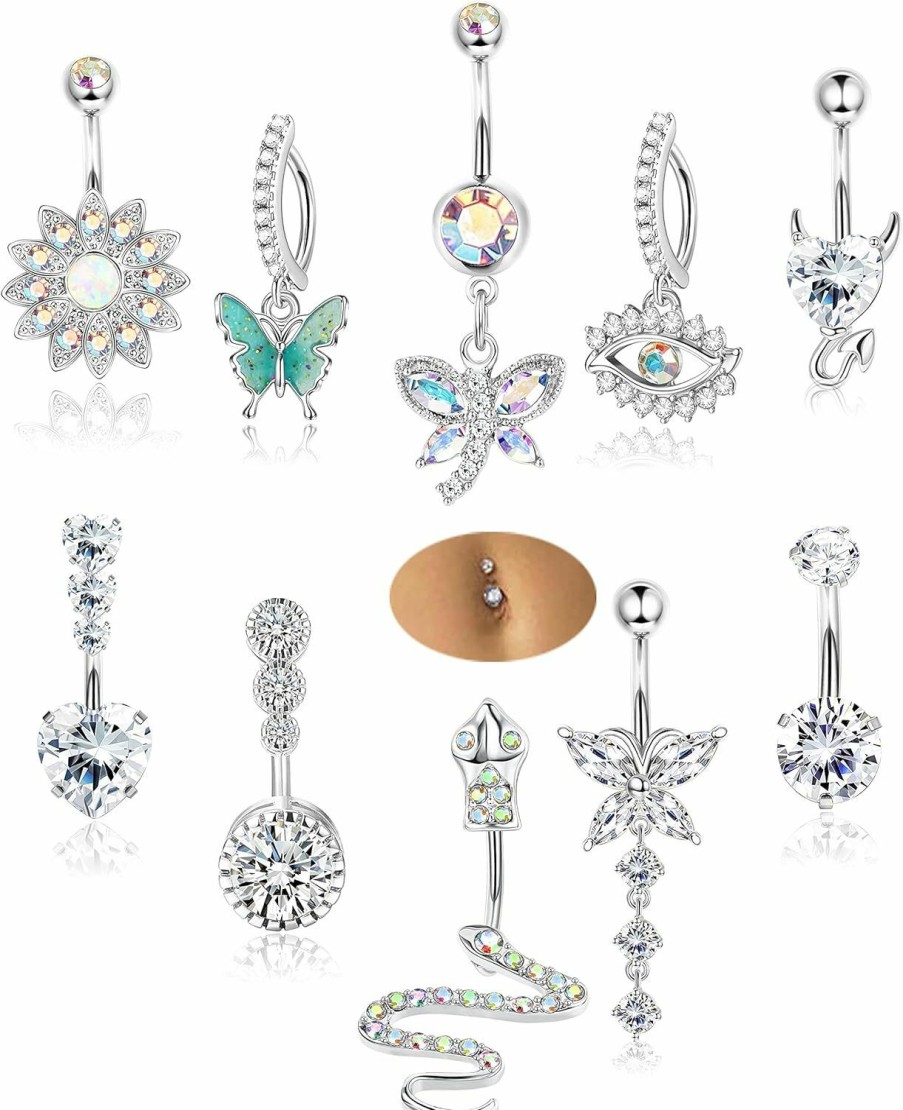 JeryWe Jerywe 10Pcs 14G Belly Button Rings Dangling For Women Stainless Steel Belly Button Piercing Evil Eyes Butterfly Snake Navel Rings Cz Trendy Dangly Belly Bars Belly Piercing Jewellery | Body Piercing Barbells