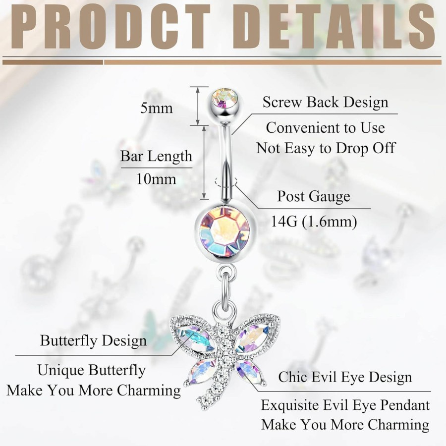 JeryWe Jerywe 10Pcs 14G Belly Button Rings Dangling For Women Stainless Steel Belly Button Piercing Evil Eyes Butterfly Snake Navel Rings Cz Trendy Dangly Belly Bars Belly Piercing Jewellery | Body Piercing Barbells