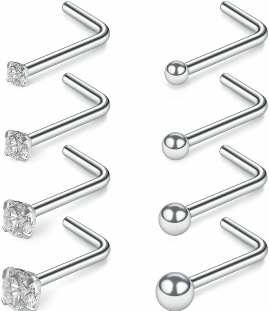 SCERRING Scerring 22G 20G 18G Nose Rings Hoop Stainless Steel Bone L Shaped Screw 1.5-3Mm Cz Nose Studs Cartilage Daith Tragus Ear Piercing Ring Hoop Body Jewelry Set 8-49Pcs | Body Piercing Barbells