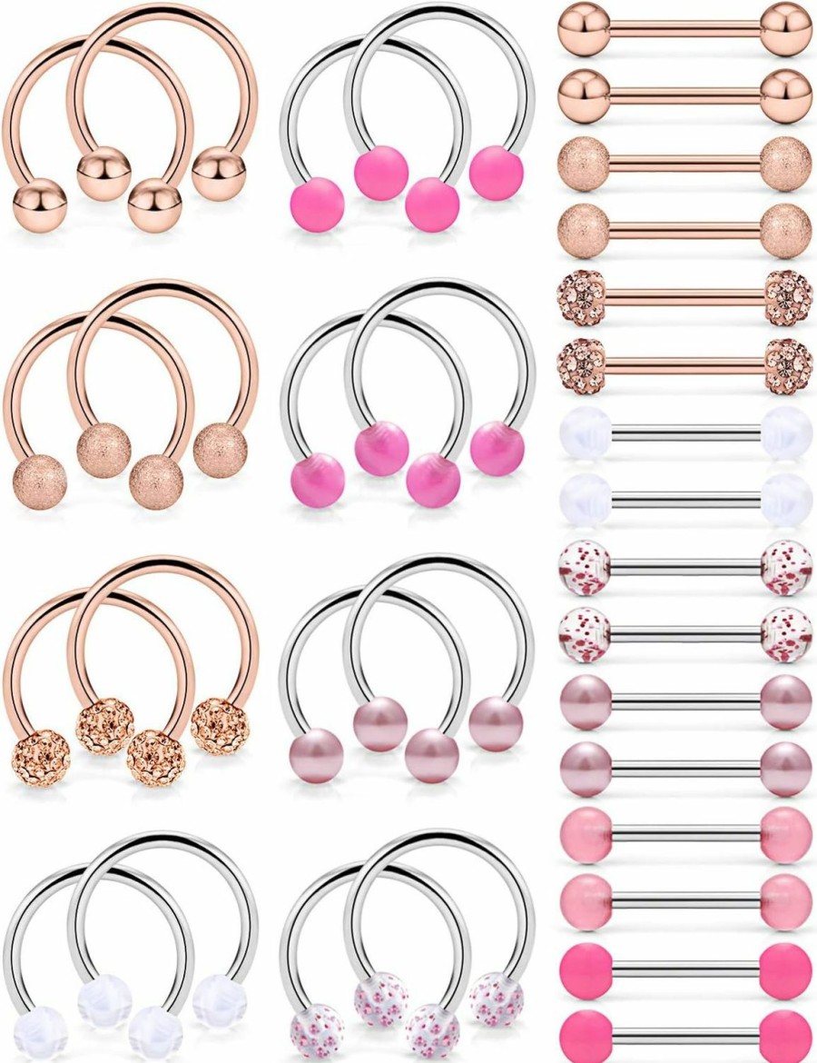 Ftovosyo Ftovosyo 16 Pairs 16G Surgical Steel Nipplerings Nipple Tongue Rings Straight & Horseshoe Barbell Hoop Body Piercing Jewelry For Women Men | Body Piercing Barbells