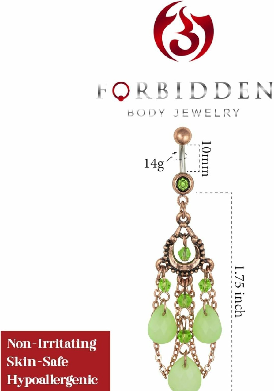 Forbidden Body Jewelry Forbidden Body Jewelry Surgical Steel Vintage Chandelier Dangle Belly Button Ring With Jade Colored Tear Drop Beads | Body Piercing Barbells