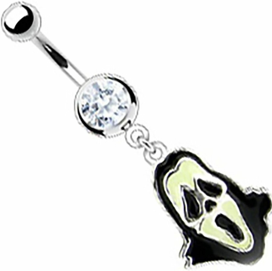 Body Accentz Belly Button Ring Navel Scream Grim Reaper Enamel Glow Navel Ring W/ 1-Gem | Body Piercing Barbells