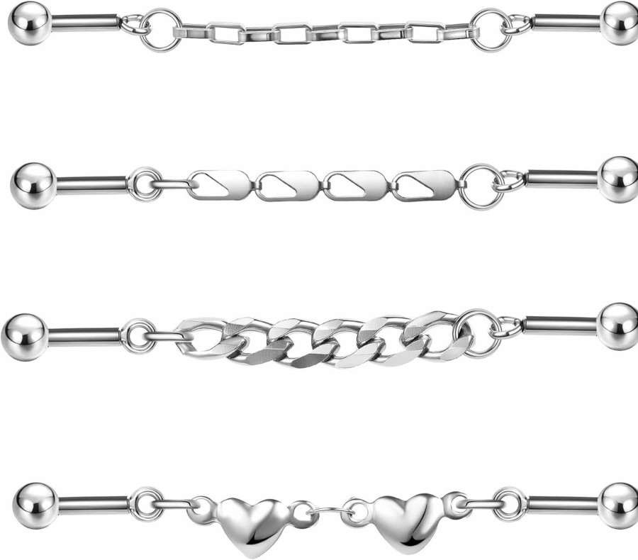 ZS Zs 4Pcs 14G Chain Industrial Barbell Earring, 316L Surgical Steel Chain Cartilage Helix Stud Earrings, Industrial Bar Piercing Jewelry For Women Men | Body Piercing Barbells