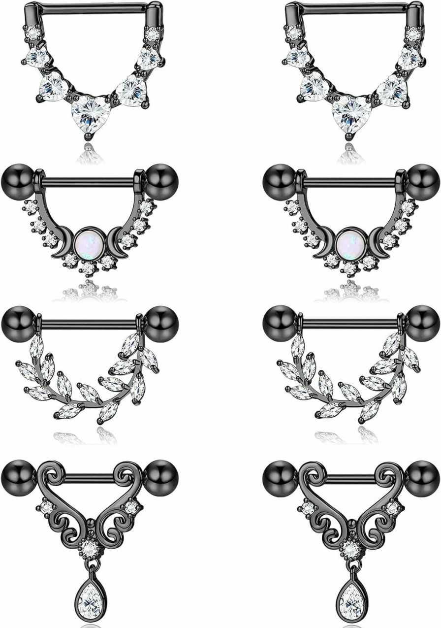 JOERICA Joerica 4 Pairs 14G Nipple Rings For Women 316L Stainless Steel Heart Teardrop Moon Star Opal Leaf Cz Barbell Nipple Rings Set Cute Nipplerings Piercing Jewelry | Body Piercing Barbells