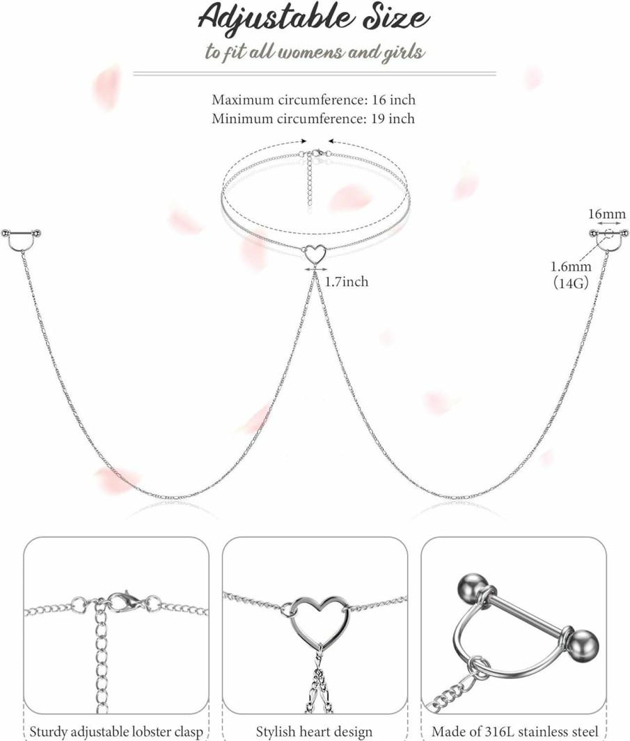 Yaomiao Yaomiao 12 Pieces Nipple Rings And Nipple Ring With Choker Necklaces Set, Stainless Steel Tongue Nipple Rings Barbell Heart Shape 14 G Body Barbells Piercing Jewelry For Women | Body Piercing Barbells