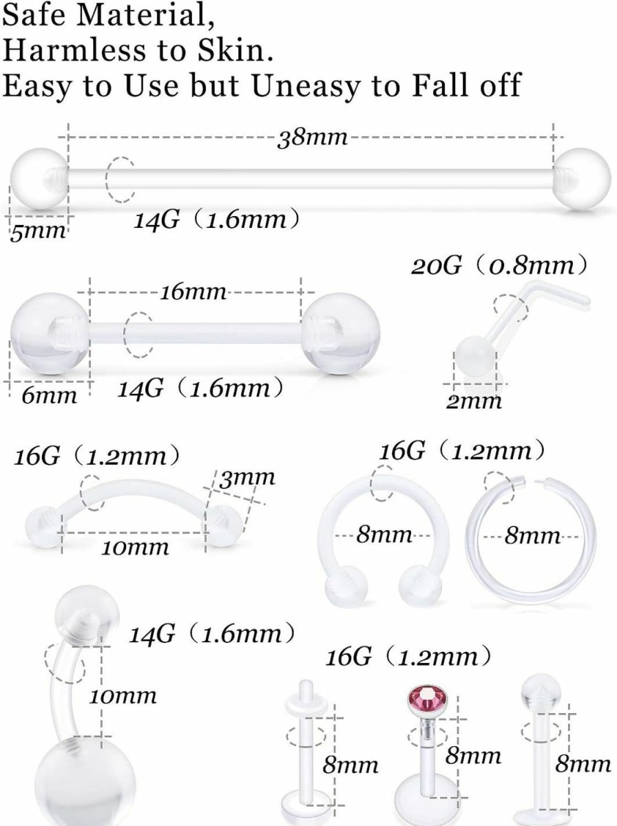 Vsnnsns Vsnnsns 14G-20G Body Jewelry Piercing Lot Acrylic Clear Piercing Retainer Nose Lip Tongue Eyebrow Septum Ring Cartilage Tragus Earrings Navel Belly Button Rings Barbells Body Piercing Jewelry | Body Piercing Barbells