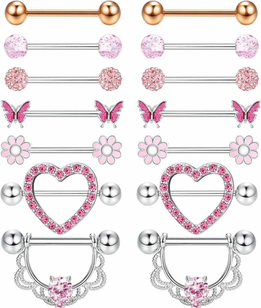 YADOCA Yadoca 7Pairs 14G Nipple Rings For Women Surgical Steel Nipple Piercing Jewelry Cz Ball Heart Butterfly Flower Nipple Tongue Barbell Body Piercing Jewelry | Body Piercing Barbells