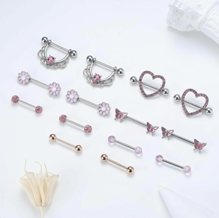 YADOCA Yadoca 7Pairs 14G Nipple Rings For Women Surgical Steel Nipple Piercing Jewelry Cz Ball Heart Butterfly Flower Nipple Tongue Barbell Body Piercing Jewelry | Body Piercing Barbells