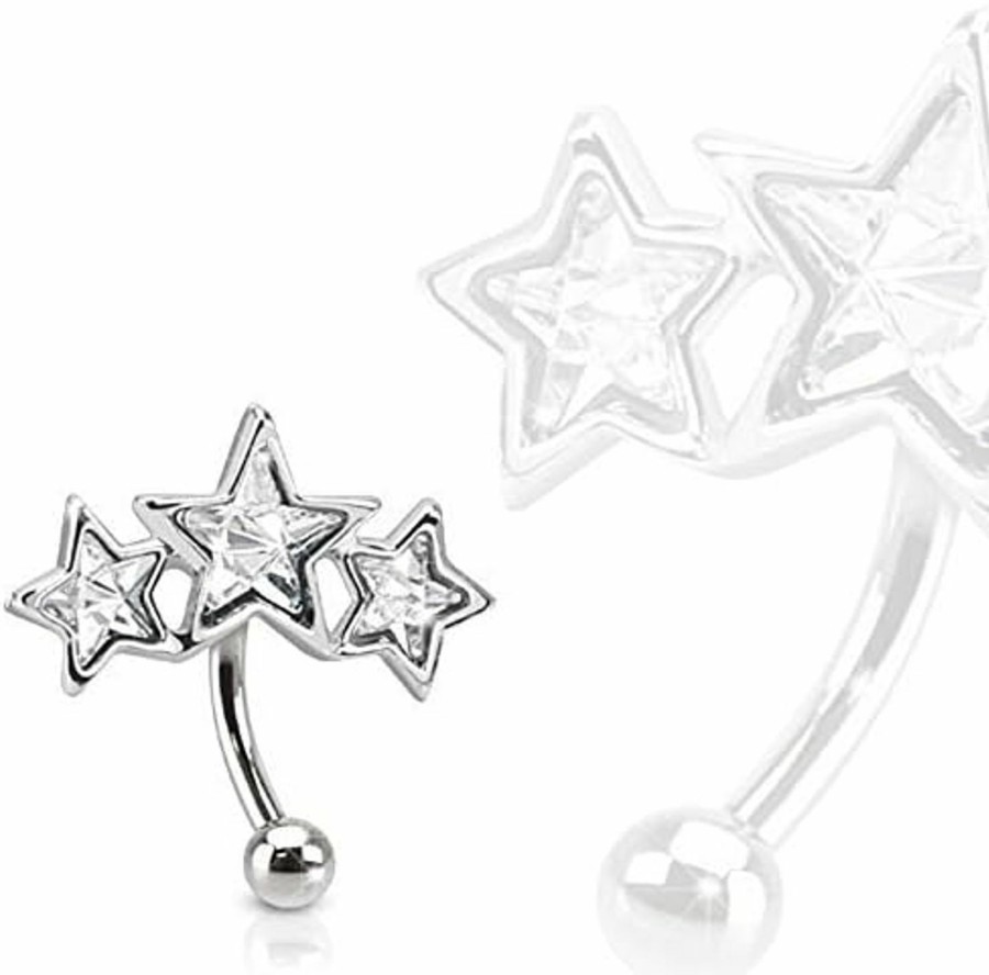 Body Accentz 316L Surgical Steel Triple Star Eyebrow Ring Curve Paved Star Shaped Czs | Body Piercing Barbells