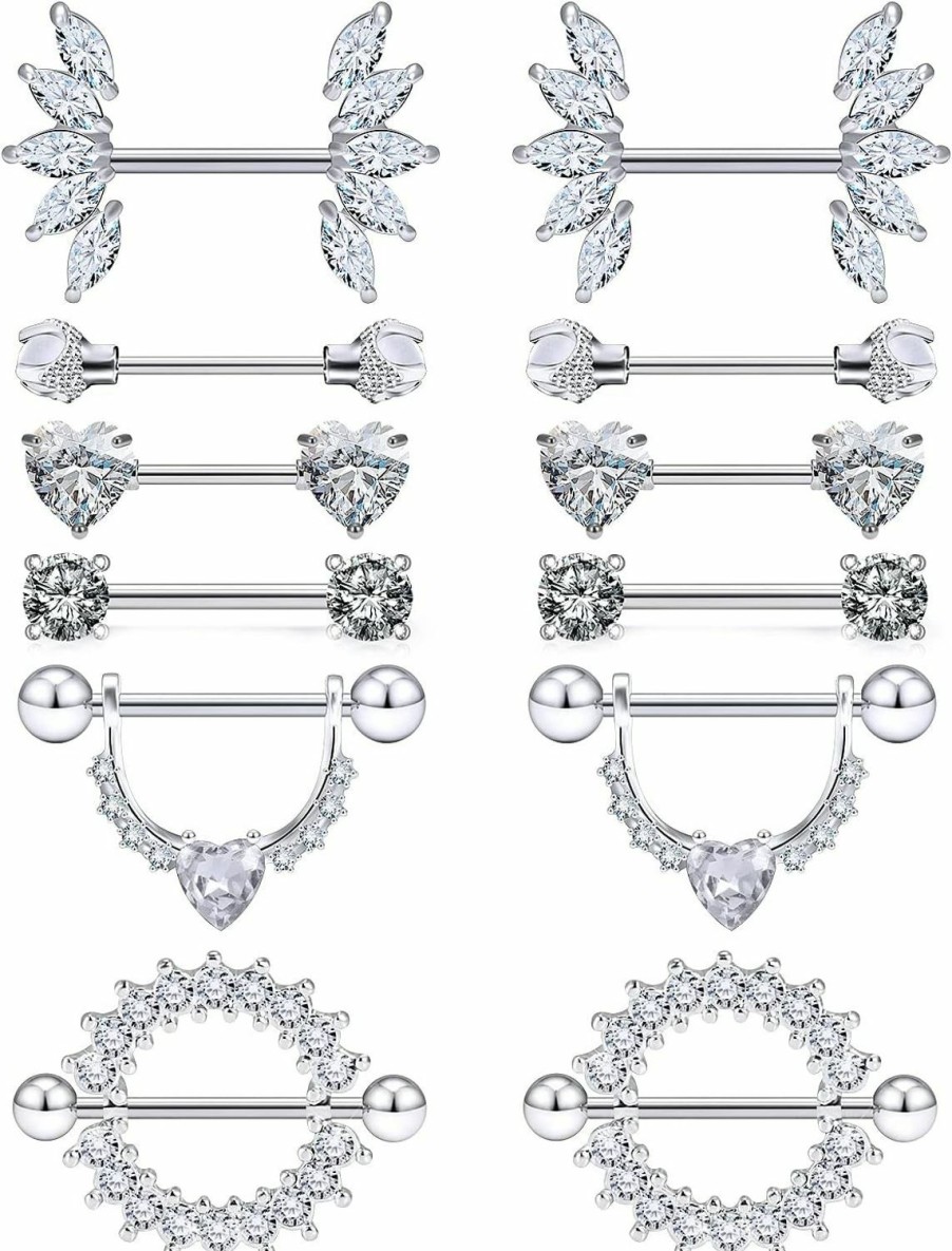 Lcolyoli Lcolyoli 14G Surgical Steel Nipple Rings For Women Nipple Shield Barbell Ring Bar Nipple Piercing Jewelry Clear Diamond Cz Set | Body Piercing Barbells