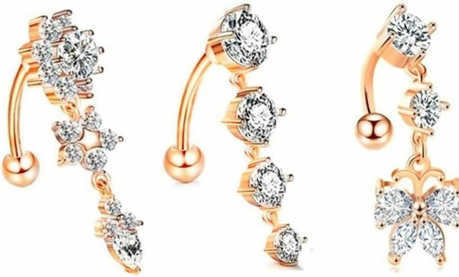 Heuvipens Heuvipens 3Pc/6Pc Reverse Belly Button Silver Rose Gold Zircon Dangle Pendant Steel Bar Short Navel Ring Piercing Jewelry Set | Body Piercing Barbells