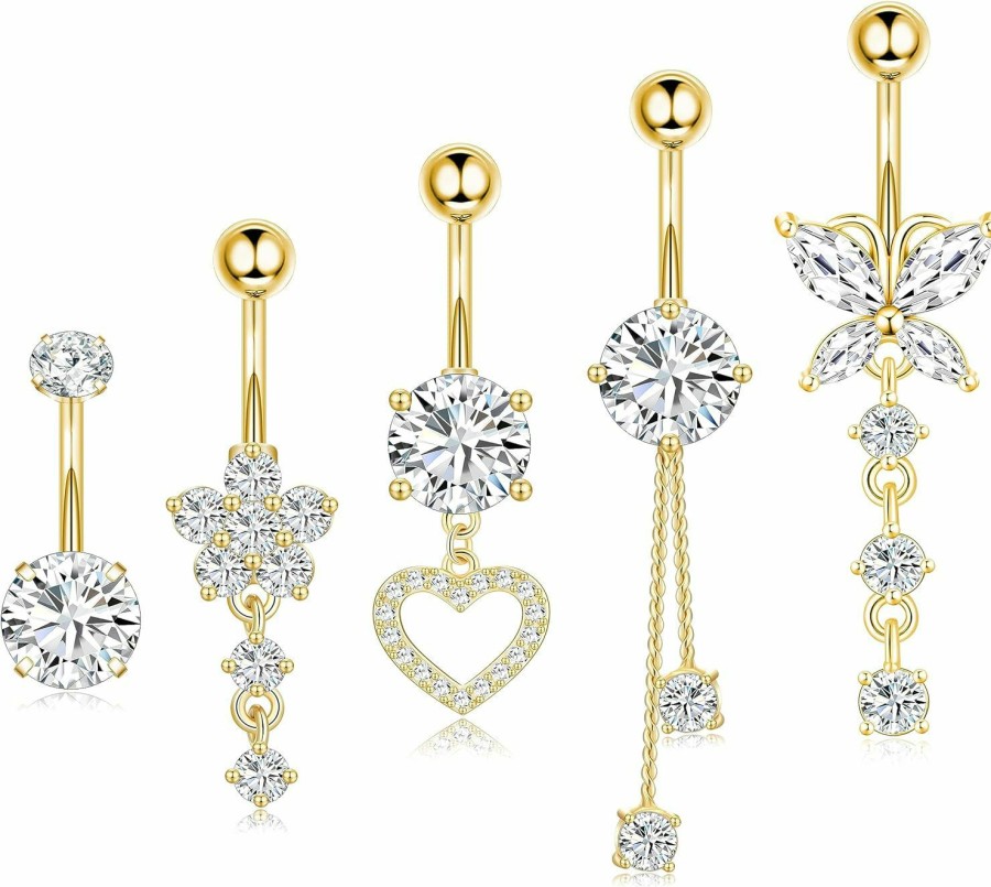 Leocuci Leocuci Surgical Stainless Steel Dangle Belly Button Rings For Women Belly Ring Dangling Piercing Jewelry With Heart Flower Butterfly Silver Gold Tone 14G | Body Piercing Barbells