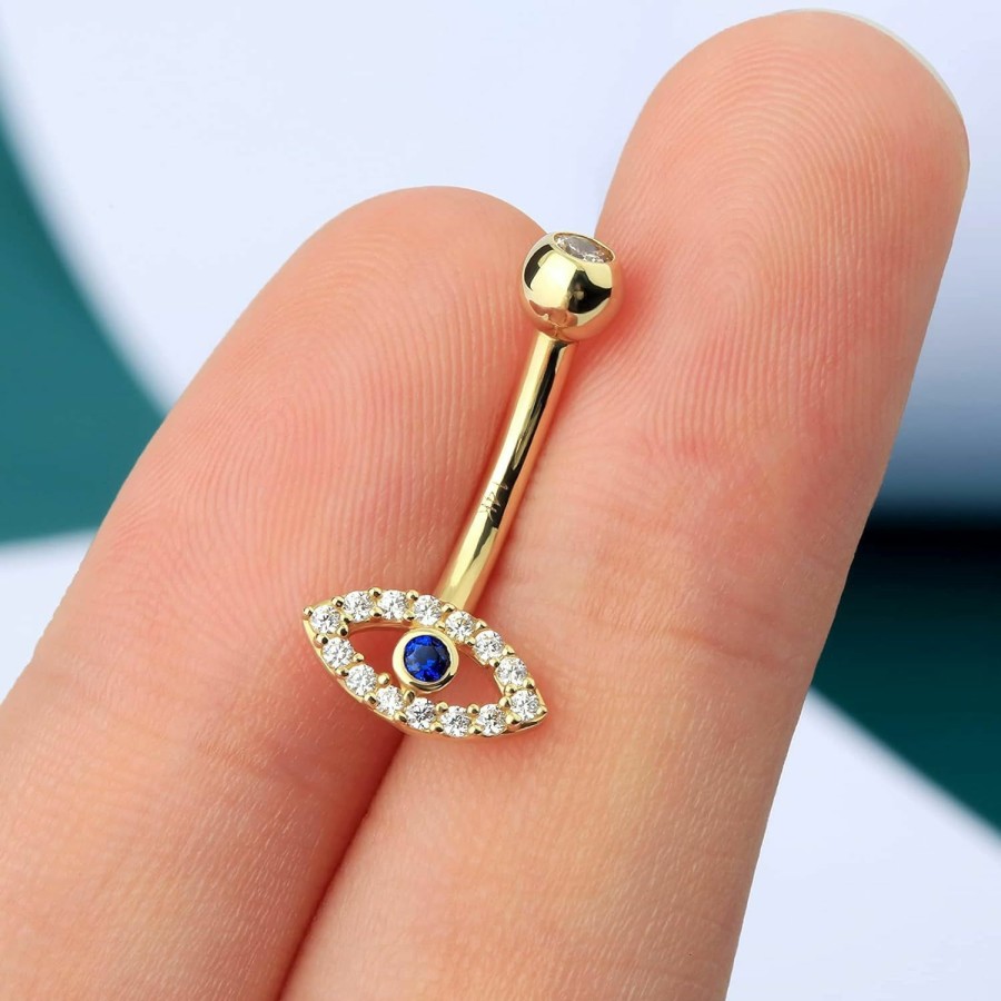 COCHARM Cocharm 14K Solid Gold Belly Button Rings Yellow Gold Belly Piercing Evil'S Eye Belly Rings Cute Real Navel Rings Gold 14K Navel Piercing Jewerly | Body Piercing Barbells