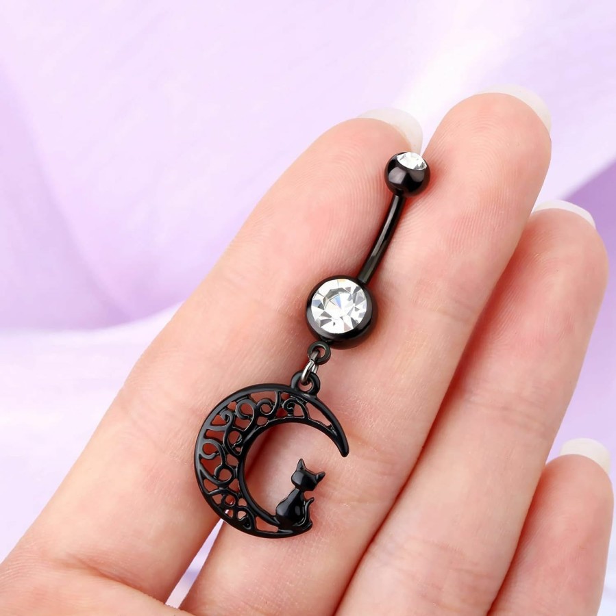 Jewseen Jewseen 14G 316L Surgical Steel Belly Button Rings With Black Moon Cute Cat Dangle Navel Rings Piercing | Body Piercing Barbells