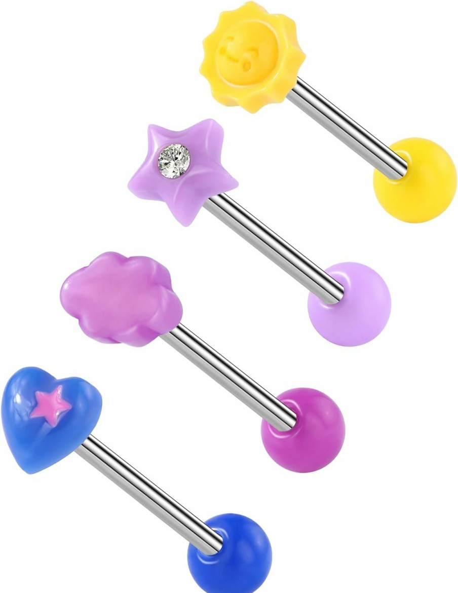 COCHARM Cocharm 4Pcs Purple Plastic Tongue Rings Blue Flat Top Tongue Ring Pretty Yellow Tongue Ring Star Party Tongue Barbell Sunflower Long Tongue Jewelry 16Mm Tongue Piercing Jewelry | Body Piercing Barbells