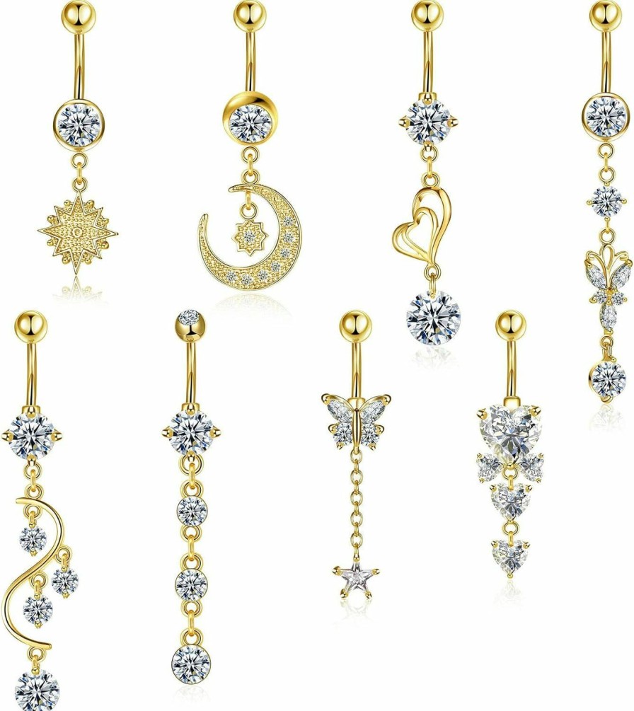 Hicarer Hicarer 8 Pieces 14G Belly Button Rings Steel Long Dangle Navel Ring Cz Body Piercing Jewelry | Body Piercing Barbells