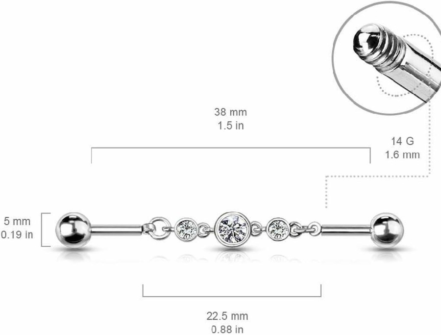 Pierced Owl Pierced Owl - 14Ga Triple Cz Rounds On A Chain 316L Surgical Stainless Steel Industrial Barbell For Cartilage | Body Piercing Barbells