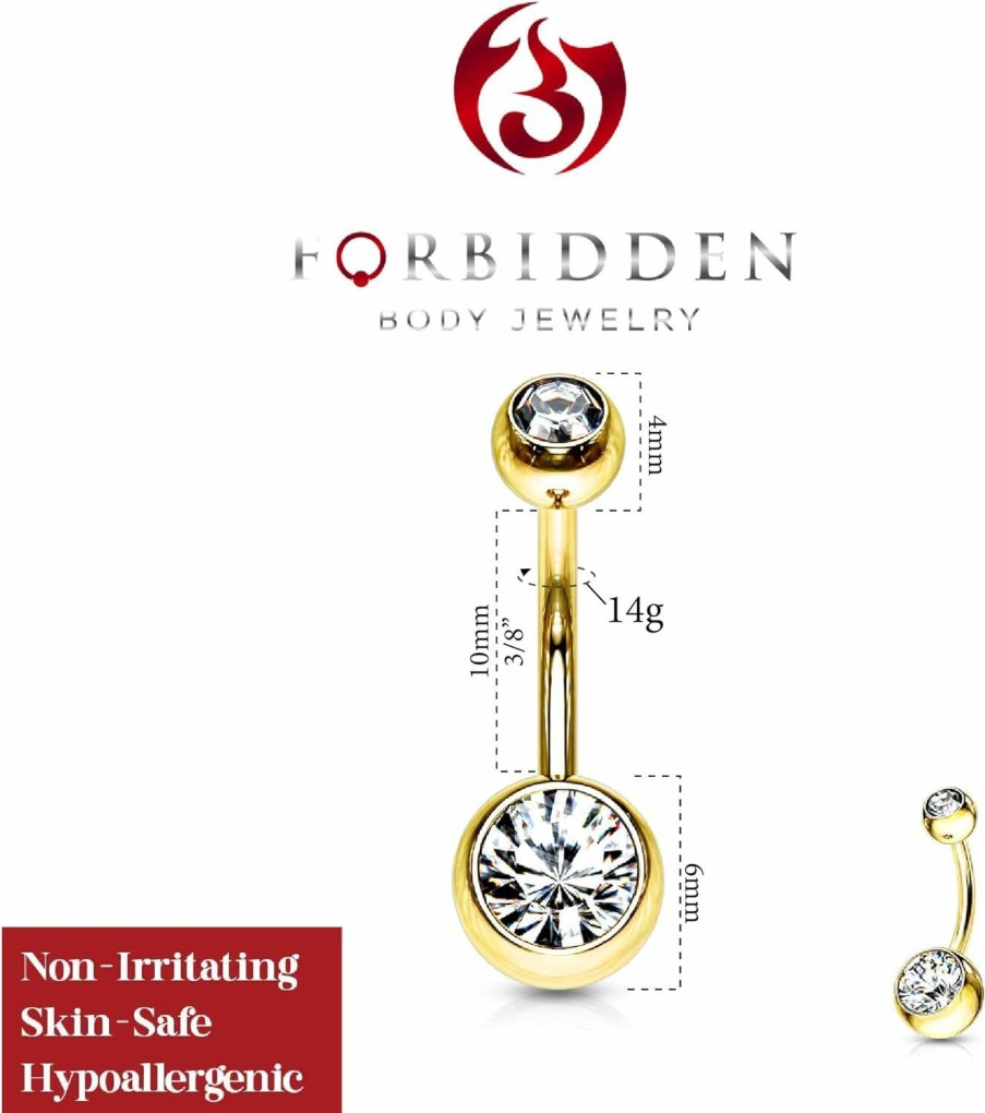 Forbidden Body Jewelry Forbidden Body Jewelry Gold Ip Plated Surgical Steel Double Jeweled Clear Crystal Petite Belly Button Ring | Body Piercing Barbells