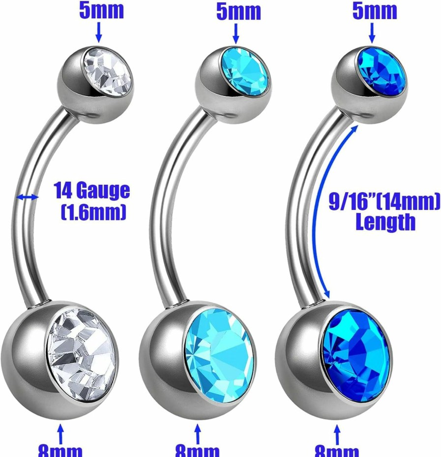 Generic 3Pcs Titanium G23 14G Belly Button Rings Piercing Jewelry Navel Ear Lobe Earring 8Mm 5Mm Crystal Ball More Choices | Body Piercing Barbells