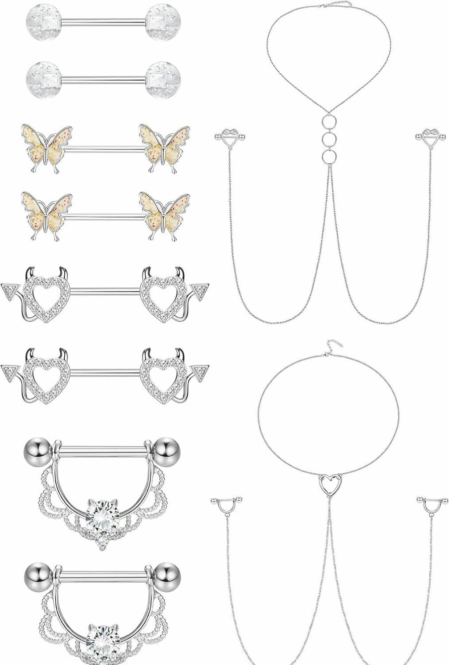 JOERICA Joerica 14G Stainless Steel Nipple Rings For Women Cz Butterfly Heart Nipple Rings With Choker Necklace Nipple Barbell Body Piercing Jewelry | Body Piercing Barbells