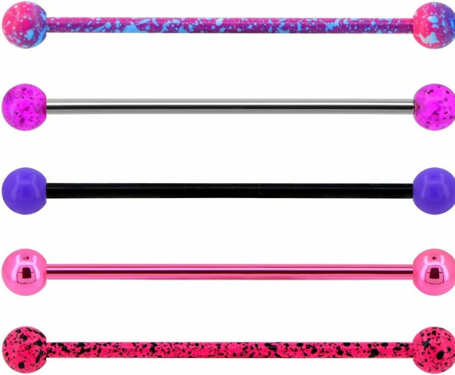 Jewseen Jewseen 5Pcs Pink Purple Acrylic Balls Industrial Barbell Splatter 316L Stainless Steel Bar Industrial Rings Piercing Body Jewelry | Body Piercing Barbells