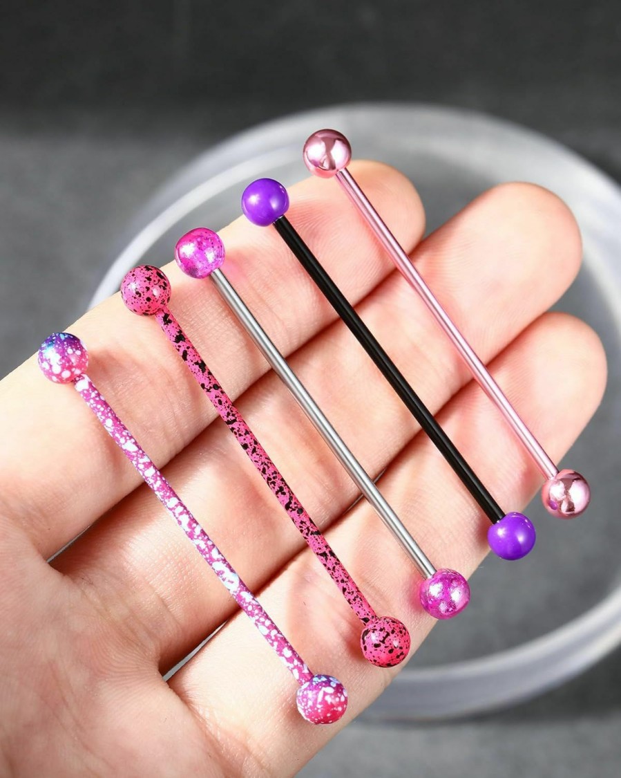 Jewseen Jewseen 5Pcs Pink Purple Acrylic Balls Industrial Barbell Splatter 316L Stainless Steel Bar Industrial Rings Piercing Body Jewelry | Body Piercing Barbells