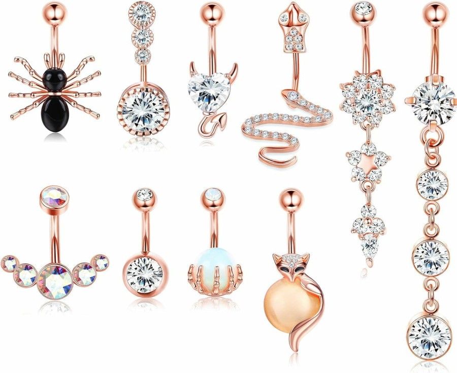 Subiceto Subiceto 10Pcs 14G Stainless Steel Dangle Belly Button Ring For Women Snake Skull Hand With Opal Spider Fox Clear Cz Rose Gold Sliver Curved Navel Barbell Piercing Rings Set | Body Piercing Barbells