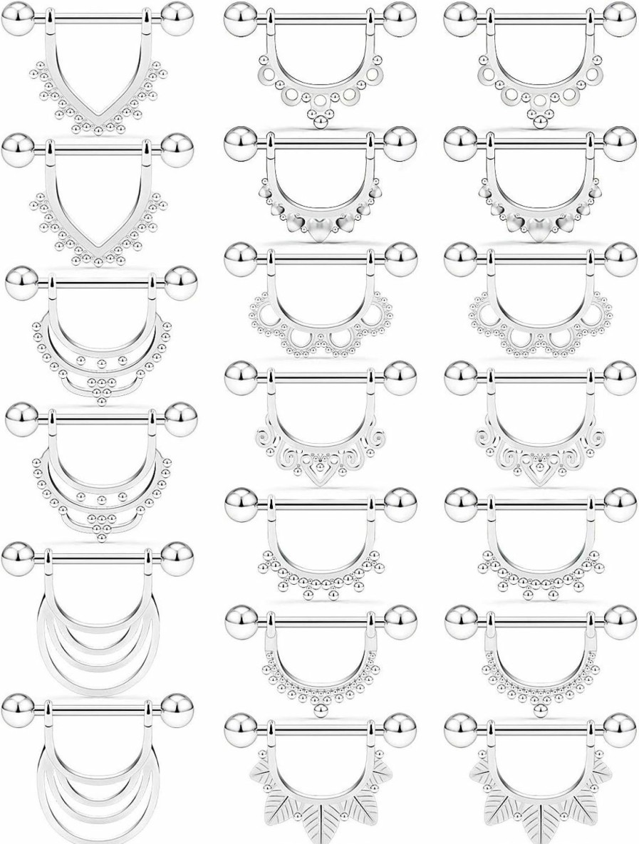 SCERRING Scerring 14G Nipple Rings Stainless Steel Nipplerings Shield Barbell Ring Vintage Elegance Body Piercing Jewelry For Women Men 3/4Inch No-Repeat 10 Pairs | Body Piercing Barbells