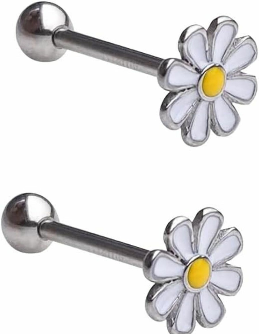 Izpack Izpack Daisy Flower Tongue Rings 316L Surgical Stainless Steel Floral Screw Back Ball Body Piercing Barbell Helix Studs Cute 5/8\" Bar Length Jewelry Gifts For Women Girls Men Uni 14G | Body Piercing Barbells