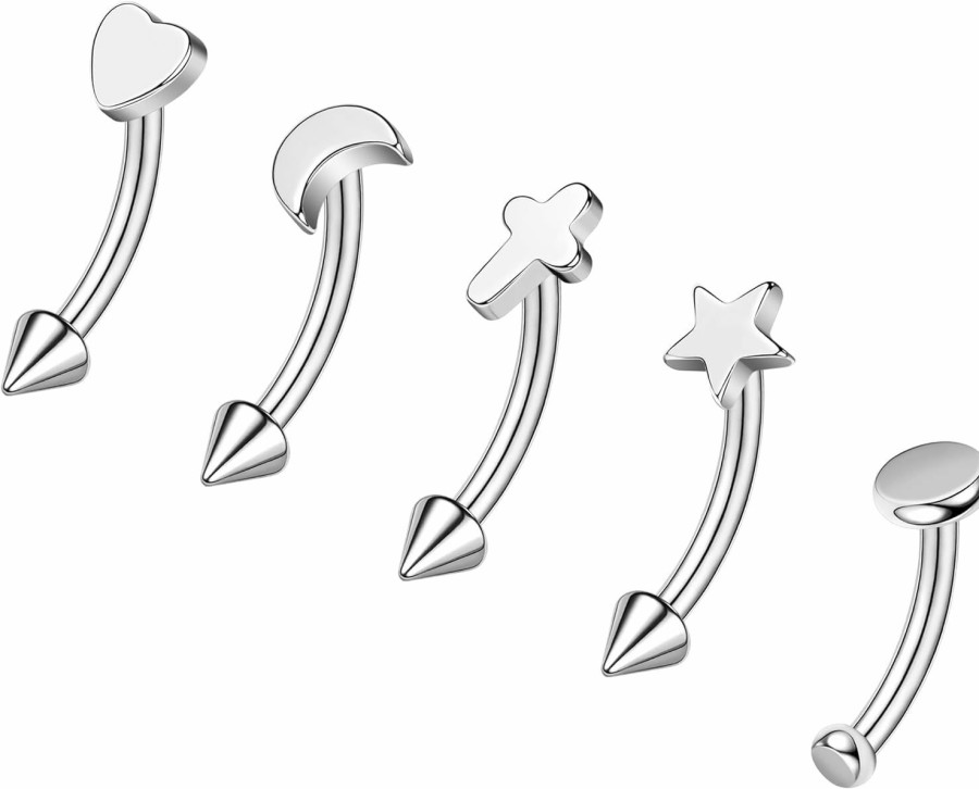 ZS Zs 5Pcs Stainless Steel Eyebrow Rings, 16G Curved Belly Rings Navel Barbell Helix Daith Tragus Earrings Spike Vertical Labret Lip Piercing Jewelry | Body Piercing Barbells